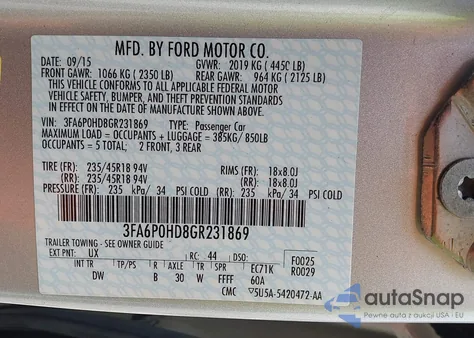 2016 Ford Fusion Se z USA, uszkodzony, nr VIN 3FA6P0HD8GR231869